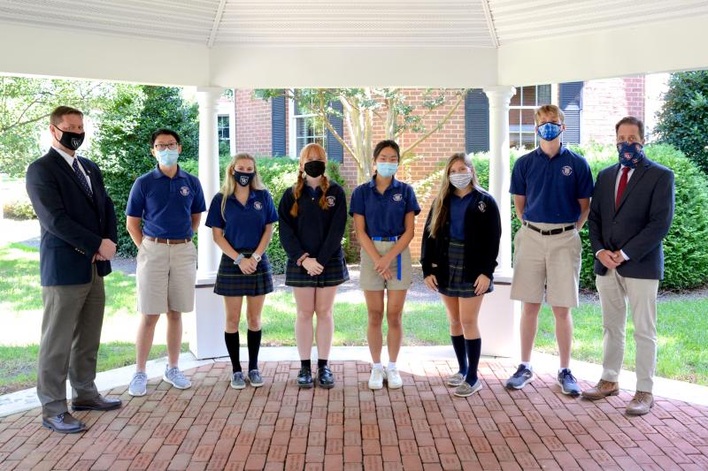 Gathered in recognition of commended students are (l-r) Worcester Prep Head of School Dr. John McDonald; commended students Daniel Chen, Salisbury, Md.; Sophia Ludt, Berlin, Md.; Summer Walker, Church Creek, Md,; Waverly Choy, Rehoboth Beach; Hannah Perdue, Salisbury; Joseph Schwartz, Salisbury; and Assistant Head of School and Head of Upper School Mike Grosso. SUBMITTED PHOTO